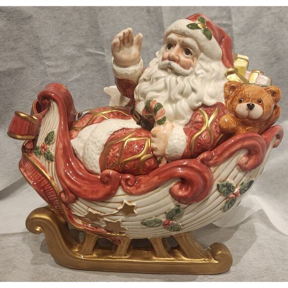 Vtg 1993 Fitz and Floyd Kris Kringle Santa Sleigh Ceramic 9” Candy Cookie Jar - Picture 1 of 10